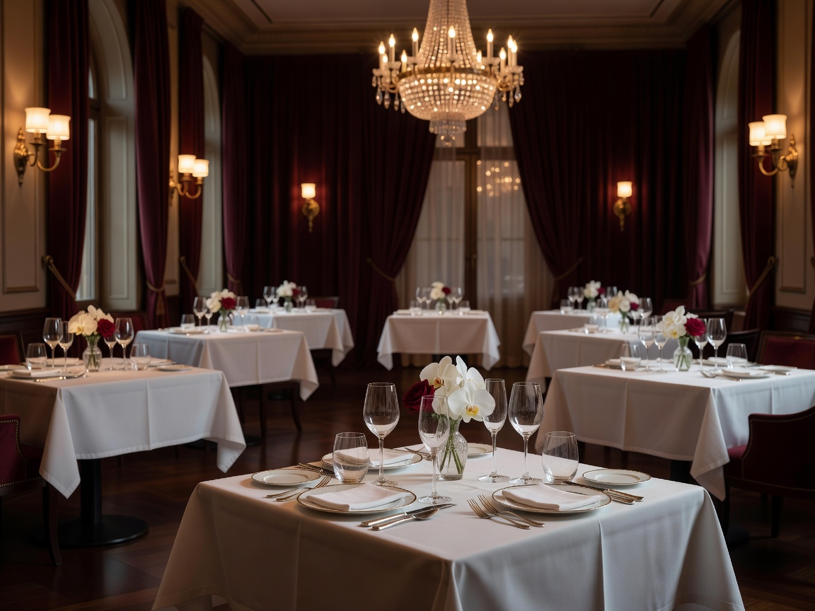 Elegant restaurant interior with ambient lighting and set tables