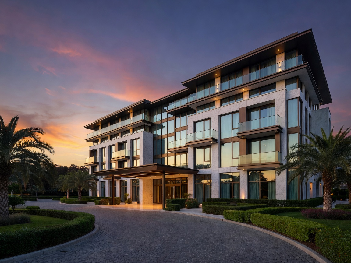 Exterior view of luxury hotel architecture at dusk