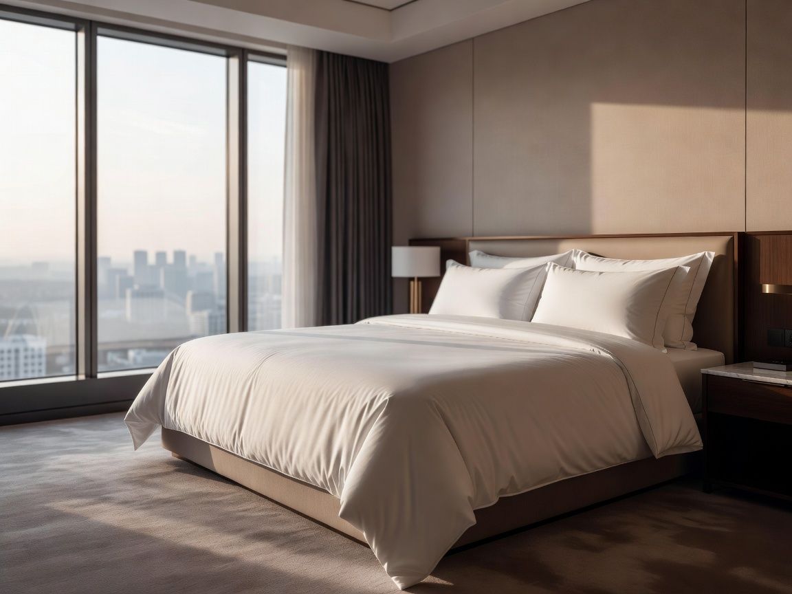 Luxurious hotel bedroom with large windows and premium bedding