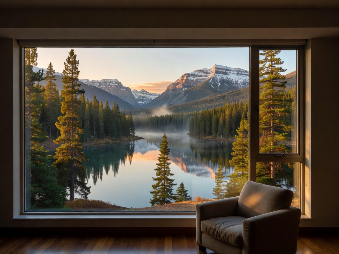 View looking out a large hotel window towards a natural landscape