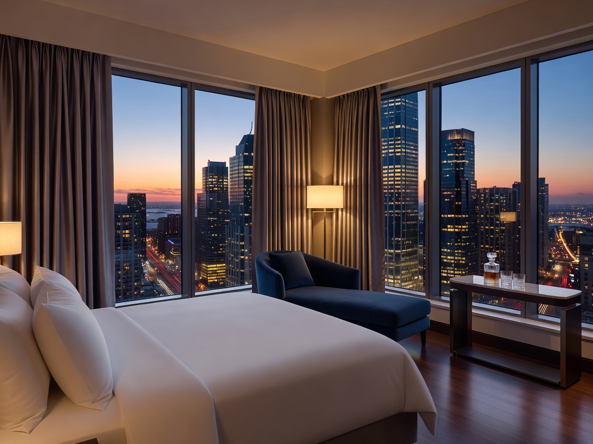 View of a luxury hotel room interior overlooking a cityscape